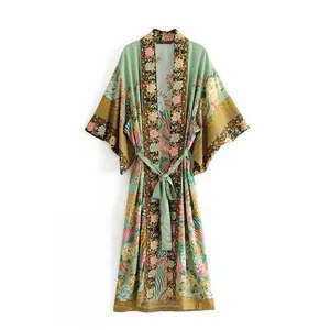 Duster Vintage Flower Birds Floral Print Long Loose Fit Casual Women Dress(gift) Womenswear Summer