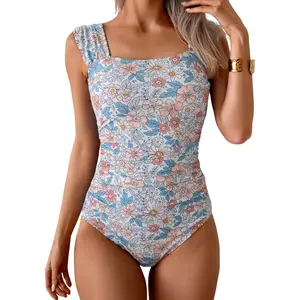 Womens One Piece Swimsuit Retro Square Neck Tummy Control Bathing Suits Ruched Modest Full Coverage Swimwear