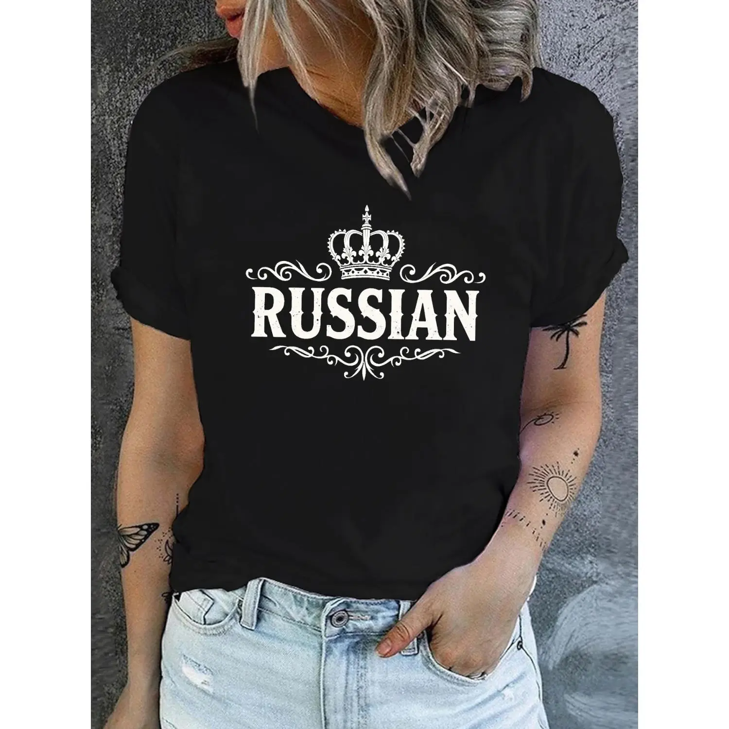 Women's Russian Print T-Shirt - Short Sleeve Crew Neck Top with Russian Text Cyrillic Script, Casual Casual Attire & Russian-Themed Outfits, Machine Washable Comfortable Shirt for Spring Summer Year-Round Wearable Language Learning
