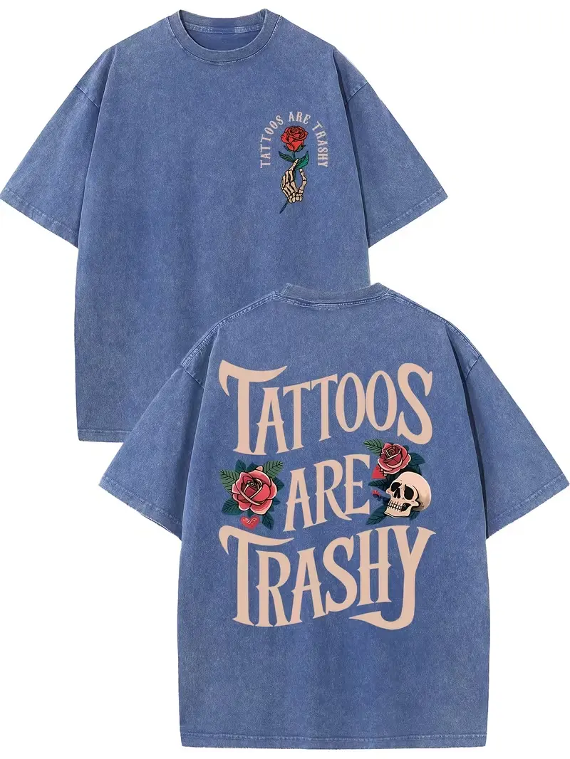 Vintage Washed "Tattoos Are Trashy" Double-Sided Graphic Tee | 230gsm Heavyweight Streetwear, Unisex Drop Shoulder Crew Neck Cotton Casual Top for Men & Women, Retro Loose Short Sleeve Summer Daily Outfit
