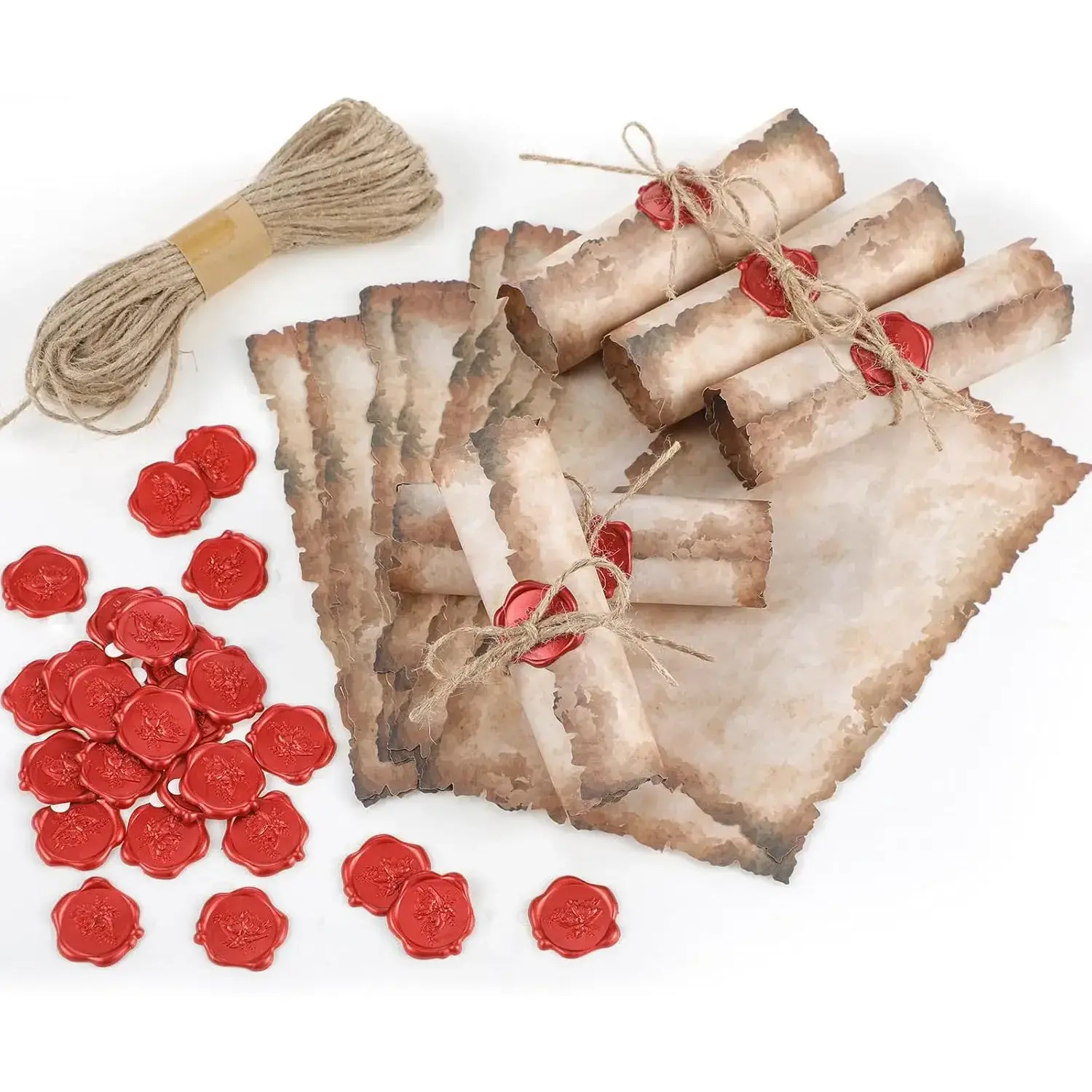 Vintage Cotton Paper Writing Invitations Set (4x6 in) - 100 Antique Scroll Rustic Cardstock, 100 Wax Seal Stickers, 3 Strands of Twine for Valentine's Office Stationery