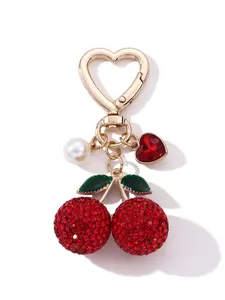 Elegant Rhinestone Cherry Heart Pearl Keychain Jewelry, Alloy Charm for Bags, Sweet Fashion Accessory, Perfect Gift for Friends and Family