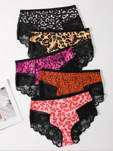 Women's Leopard Print Contrast Lace Panties Set, Breathable Triangle Underwear, Plus Size Sexy Lingerie for All Seasons, Soft Comfy Panties, Soft Stretch Intimates
