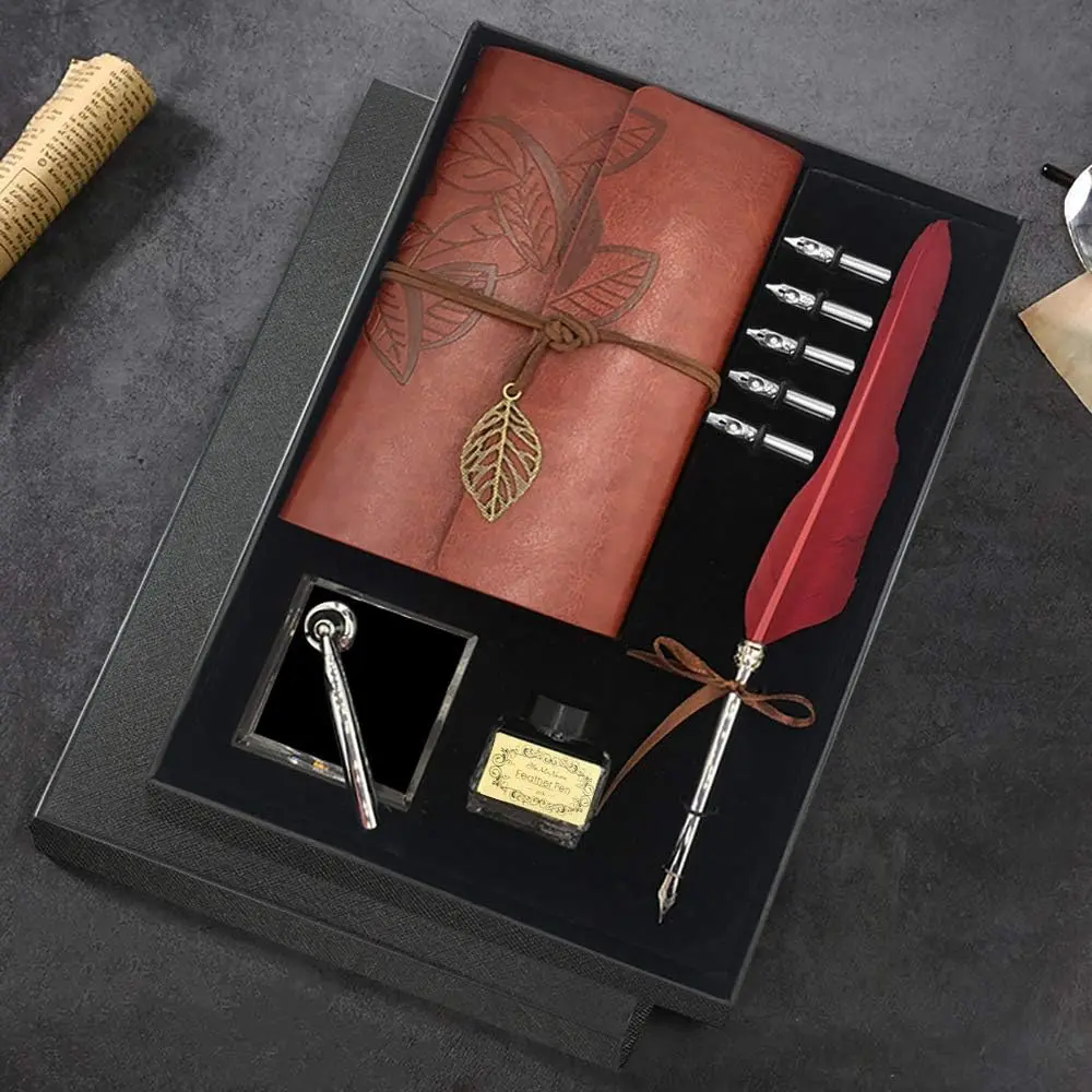 Quill Pen and Ink Set   Calligraphy Writing Kit with 5 Nibs, Journal Notebook, Ink Bottle, Pen Holder,  Box for Men and Women (Red)