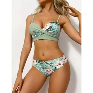 2 Piece Set Floral Print Green Patchwork Ruched Spaghetti Strap Push Up Underwire Bikini Swimsuits, Women's Swimwear & Clothing