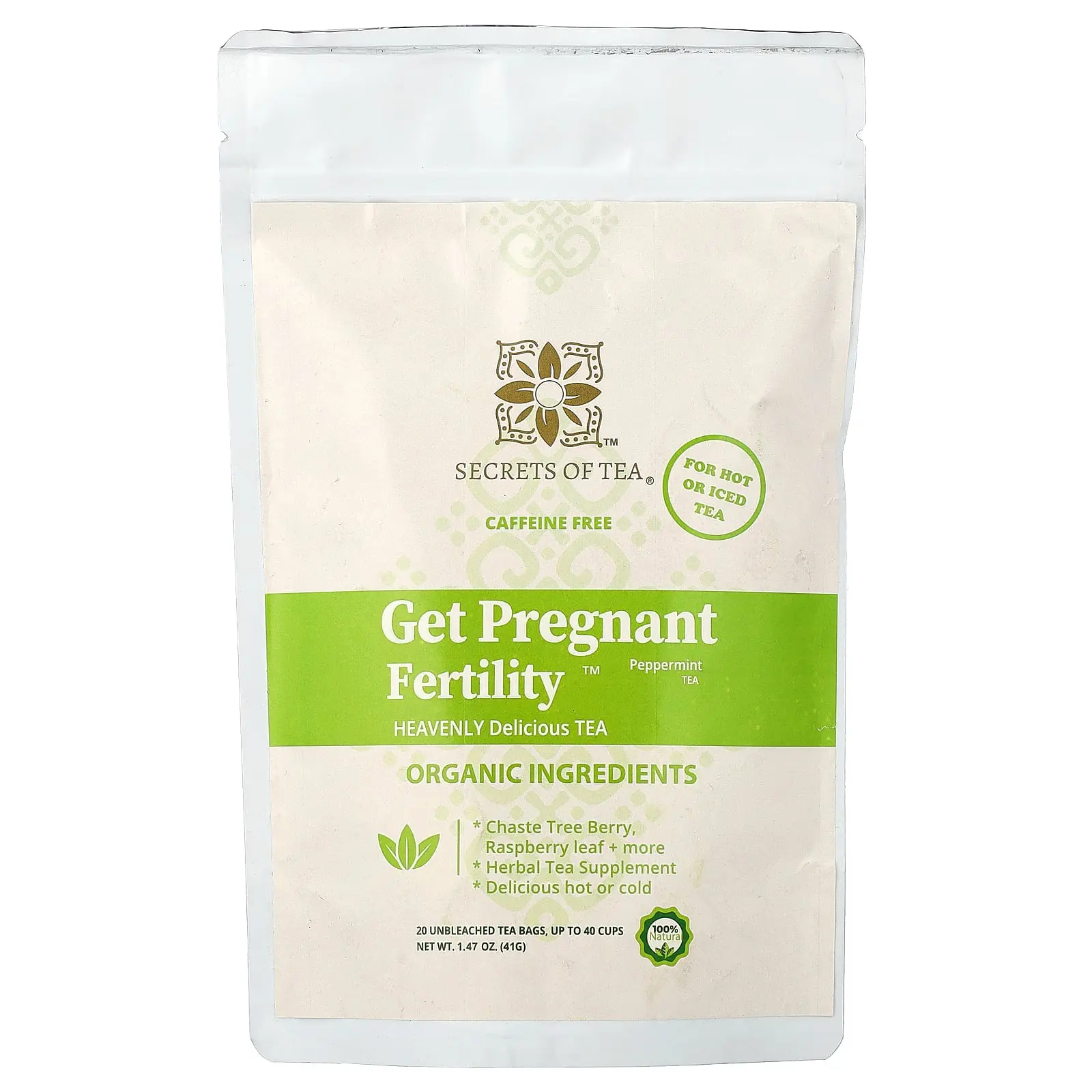 Secrets of Tea Get Pregnant Fertility™ Tea, Peppermint, Caffeine Free, 20 Unbleached Tea Bags, 1.47 oz (41 g)