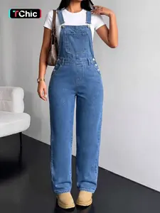 Women's Light Wash Denim Overalls, Relaxed Straight Leg, Adjustable Strap Bib, Vintage Y2K Style, Casual, Festival, Street, Campus Wear