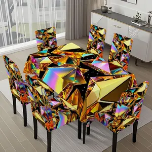 5/7-piece 2D Flat Printing Colorful Geometric Crystal Splicing Printing Pattern Tablecloth and Chair Cover Set, for dining table and chair decoration, perfect for home, holiday gatherings, restaurants, and parties.