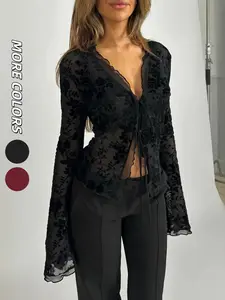 Women's Plain Ruffled Bell Sleeve Top, Sexy Slim-Fitting Graphic Blouse, Fall Fashion, Women's Casual Wear, Stylish and Comfortable