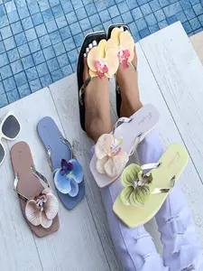 2026 New Butterfly Orchid Flower Square Toe Flip Flops For Women, Vacation Beach Slides, Non-Slip Flat Sandals
