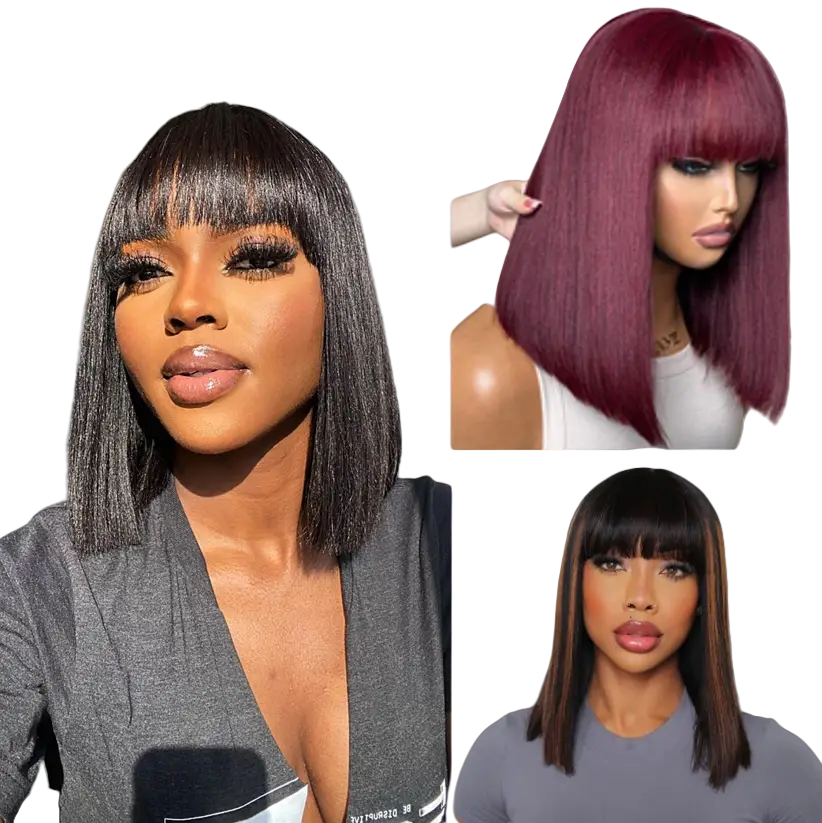 Put On And Go Realistic Glueless Yaki Straight Bob With Bangs Minimalist Undetectable HD Lace Wig