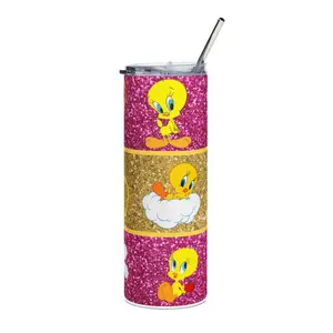 Colorful 20oz Slim Vacuum Tumbler - Cute Yellow Bird Sublimation Cup, Double Wall Insulation, Glitter Finish, Lid-Included Skinny Kitchenware Drinkware for Coffee