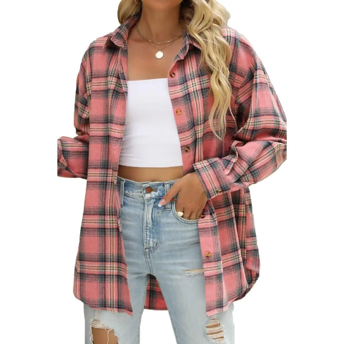 Women's Plaid Flannel Shacket, Casual Oversized Long Sleeve Button-Down Blouse, Lightweight Fall Top with Pockets, Shirts, Lady, Blouses, Tops, Jackets, Coats, Longsleeves, Full Sleeves, Loose Fit, Clothes
