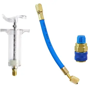 AC Oil Dye Injector Kit, 30ml/1 Oz Hand Push Compressor Oil Injector Refrigerant Tool with Quick Coupler, Manual Air Conditioner Oil Dye Filler with 1/4" SAE Connector