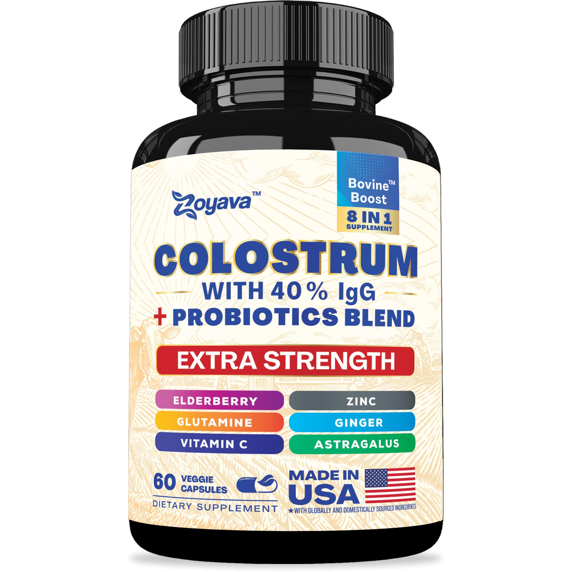 Zoyava Bovine Colostrum Supplement - Grass-Fed Cow Colostrum All-in-1 Capsules with 40% IgG & Probiotics - Highly Potent