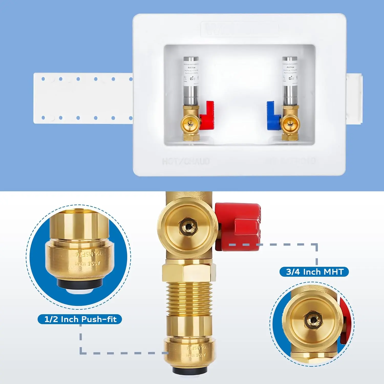 Premium Washing Machine Outlet Box, with Stainless Steel Water Hammer Arrestor, 1/2" Push-Fit x 3/4" MHT, Laundry Washer Valve Outlet Box with Clear Text Instructions