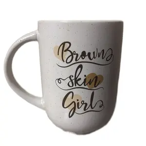 Mug Brown Skin Girl Mug 2.11 Cups - White Ceramic with Speckled Design and Text Elements