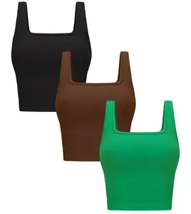 Women's 3-Pack Slim-Fitting Seamless Ribbed Square Neck Tank Tops - Casual Sleeveless Cropped Basic Shirts for Gym Fitness, Summer Wear