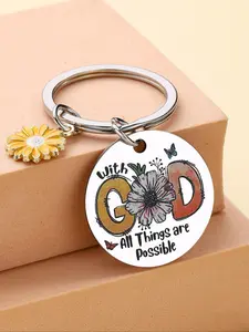 Flower & Butterfly Pattern Keychain, Floral Pattern Keychain, Cute Round Shaped Keychain with Daisy Charm for Women & Men, Inspirational Faith Based Gifts