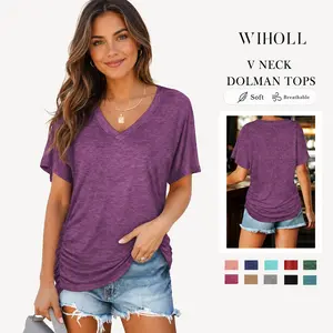 WIHOLL Womens Short Sleeve V Neck Dolman Tops with Side Shirring Loose Fit Shirts