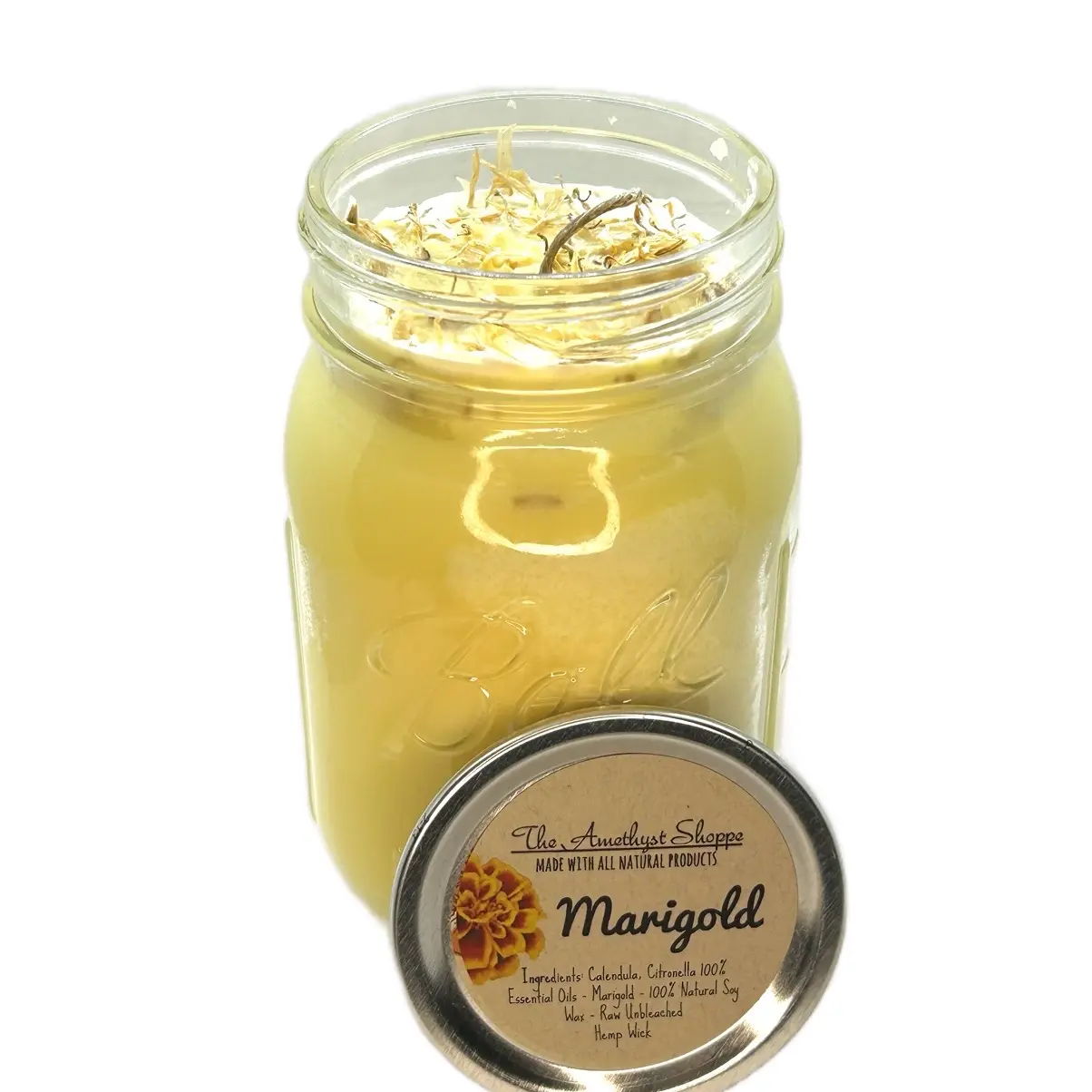 Marigold Candle +100% Natural + Soy Wax + Essential Oils + Raw Hemp Wick + Wide Mouth Mason Jar Aroma Citronella Scented Decor Freshener