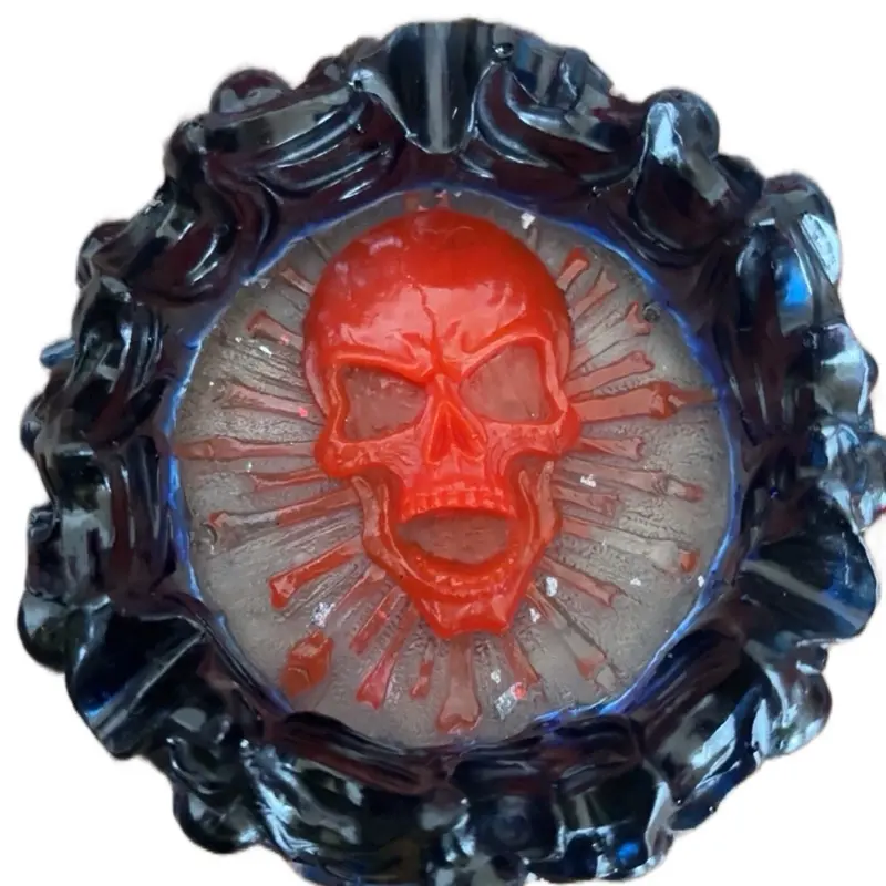 Bloody Skeleton Ashtray with Red Skull Design and Dark Blue Rim for Unique Decor