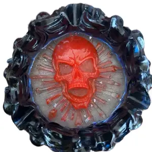 Bloody Skeleton Ashtray with Red Skull Design and Dark Blue Rim for Unique Decor