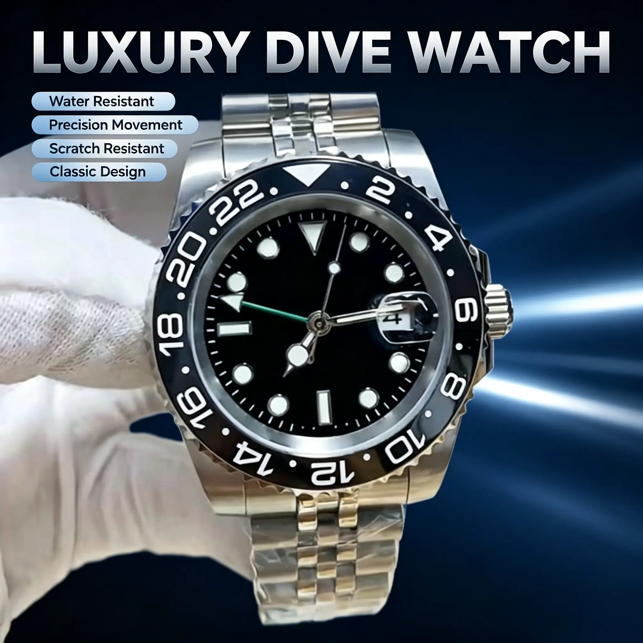 Male Luxury Round Sapphire Crystal Movement Watch, Black Ceramic Rotating Bezel, Black Stainless Steel Bracelet, Date Function, Casual Business Sports Wristwatch, Multiple Time Zones, Luminous Dot Read, Durable, Metal Bracelet Adds A Polished Finish, Anal