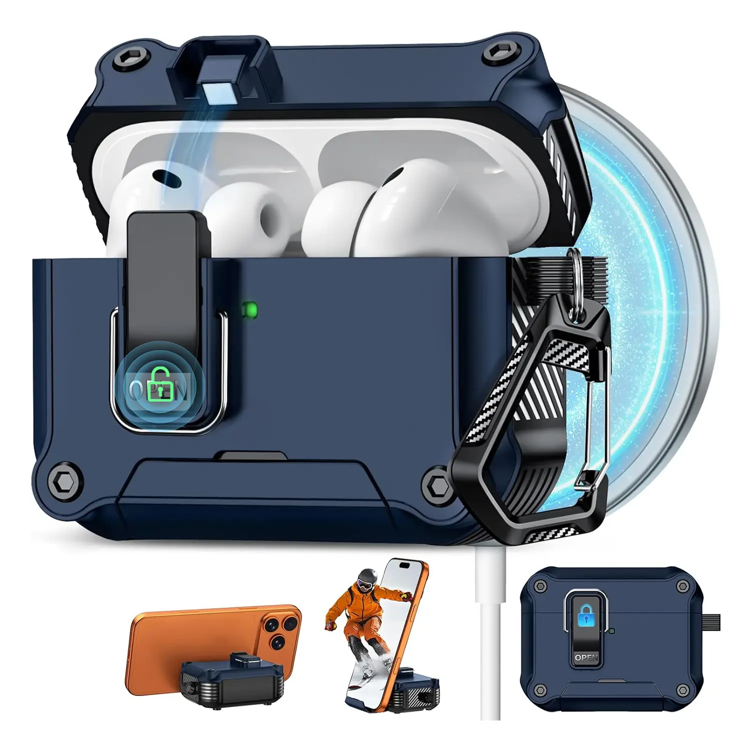AirPods Pro 3/2/1, AirPods 4 Shockproof Case, MagSafe Compatible Hard Protective Cover with Auto Magnetic Lock, 360° Rotating Phone Stand, Wireless Charging, Anti-Drop Earbuds Case with Carabiner