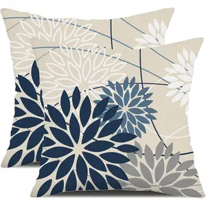 Blue and Gray Floral Pillow Covers 18x18 Set of 2 Outdoor Waterproof White Colored Decorative Throw Pillows Summer Pillowcase Polyester Cushion Case Decor for Couch Patio Funiture Garden Porch 01B18