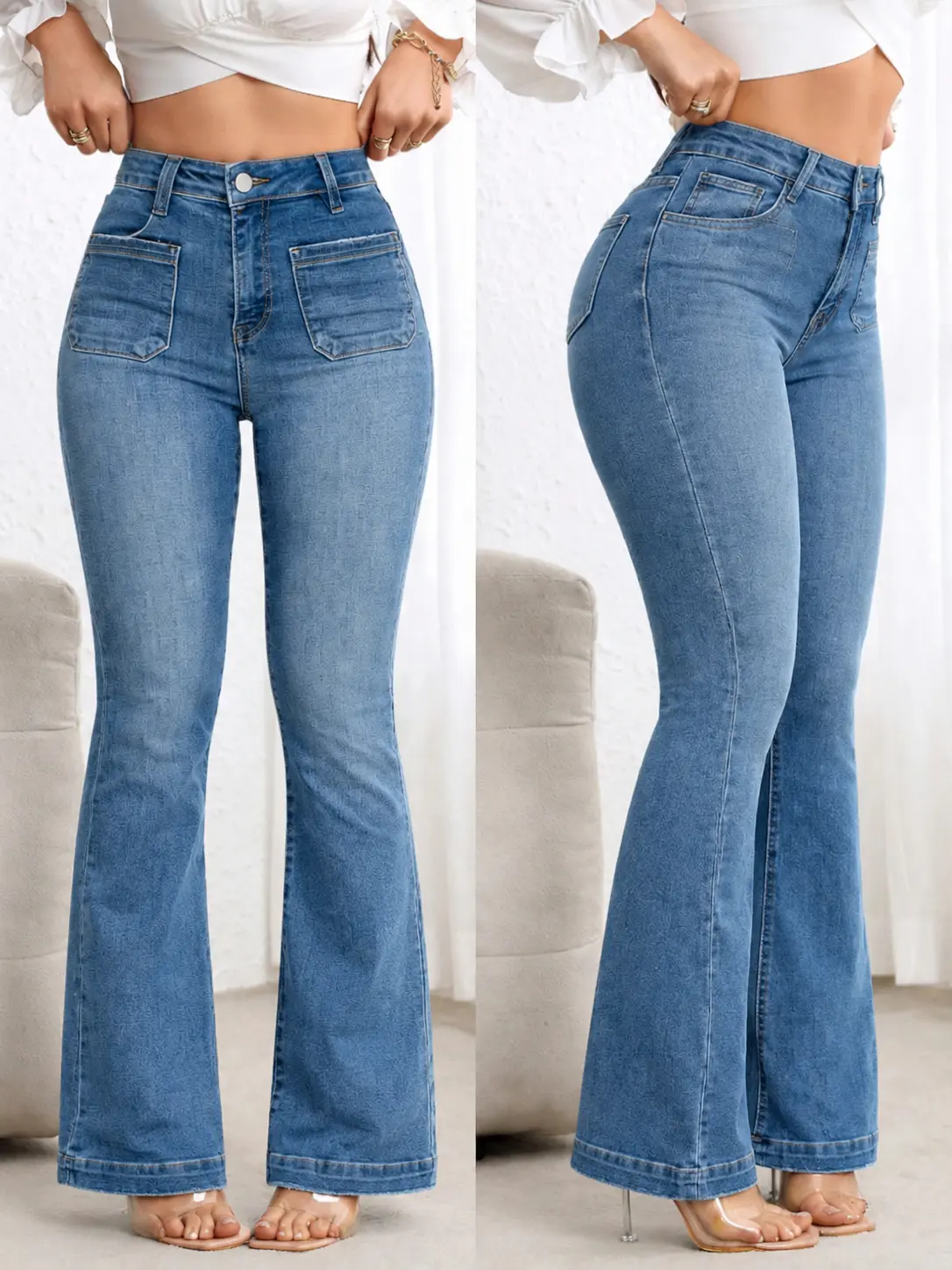 Women's High-Waisted Stretchy Denim Pants - Straight Leg, Boyfriend, Bootcut, Flare, Bell Bottom Styles | Womenswear Bottoms, Style