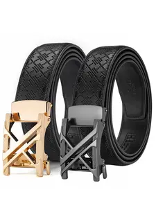 Men's X-Shape Hollow Automatic Buckle Belt, Plaid Embossed Genuine Leather, Business Casual Accessory, Durable and Scratch-Resistant