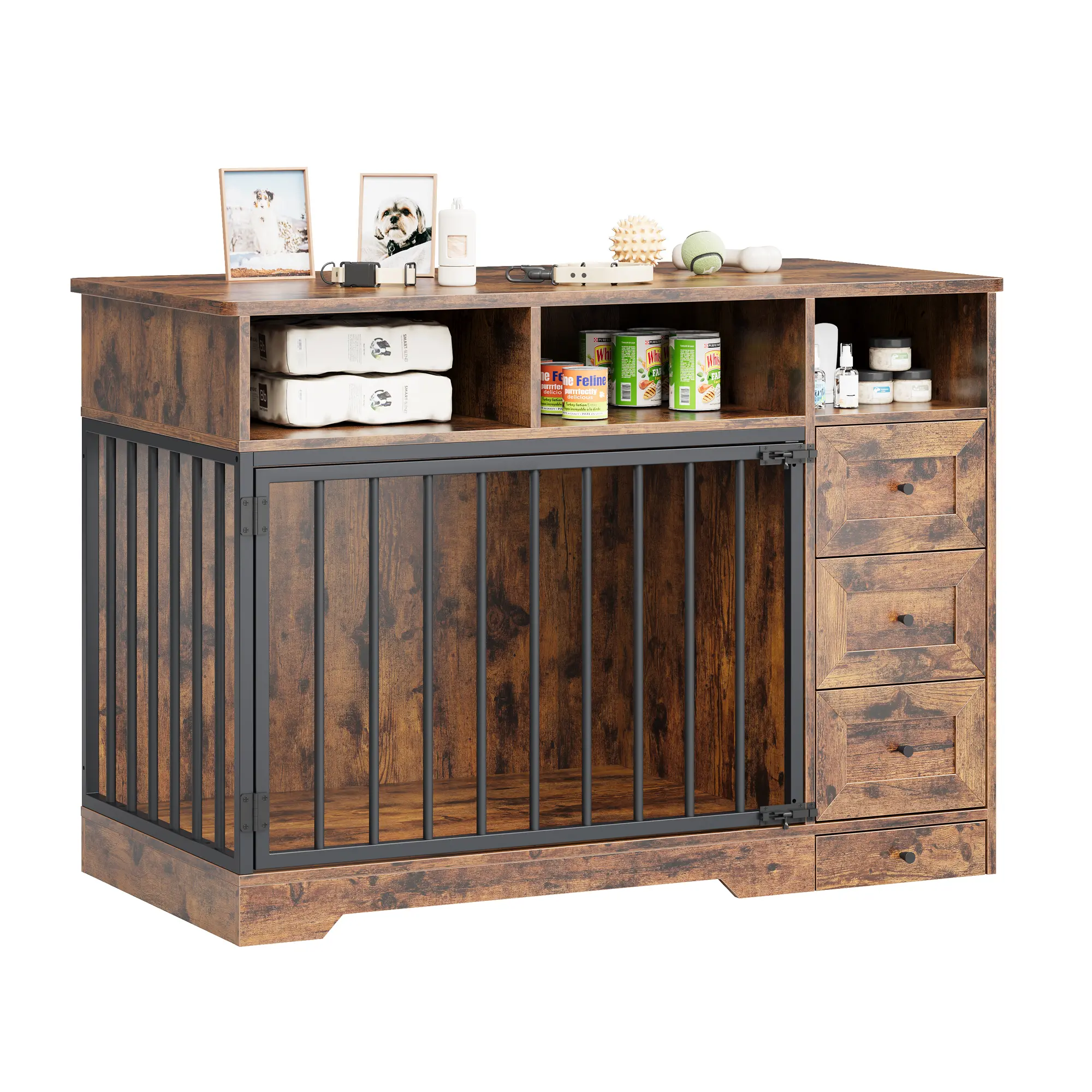 Heavy Duty Farmhouse Dog Crate Furniture with Storage Drawers & Feeding ...