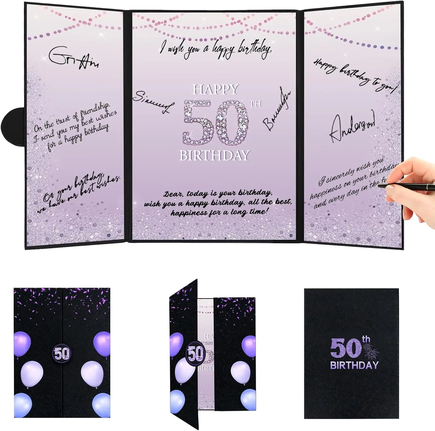 50th Birthday Decorations Women, Black Purple 50th Birthday Guest Book, Happy 50th Birthday Gifts for Her, Jumbo 50th Birthday Card Signature Board, 50 Years Old Bday Party Supplies