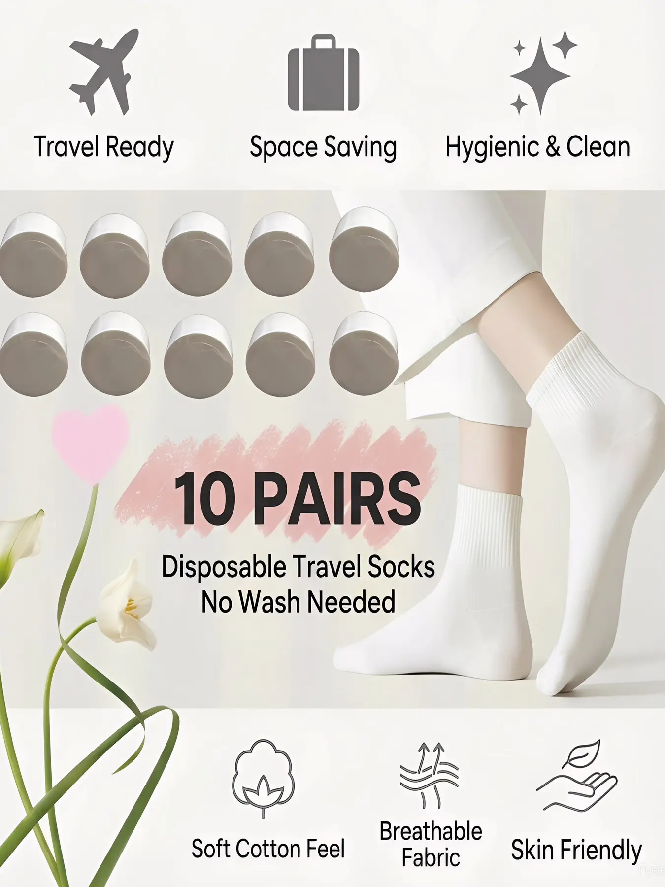 10 Pairs Disposable Unisex Socks, Compression Socks for Business Travel, Hygienic No Wash Needed, Casual Fitted Ankle Socks
