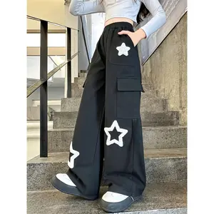 NewY2K Girls' American Cargo Pants, Soft Fabric, Star Towel Embroidery Fashion Design, Loose And Casual Version, Elastic Waist, Street Fashion Personality, Suitable  Outdoor Wear in Spring, Summer And Autumn, Suitable  Girls Aged 9-15 for