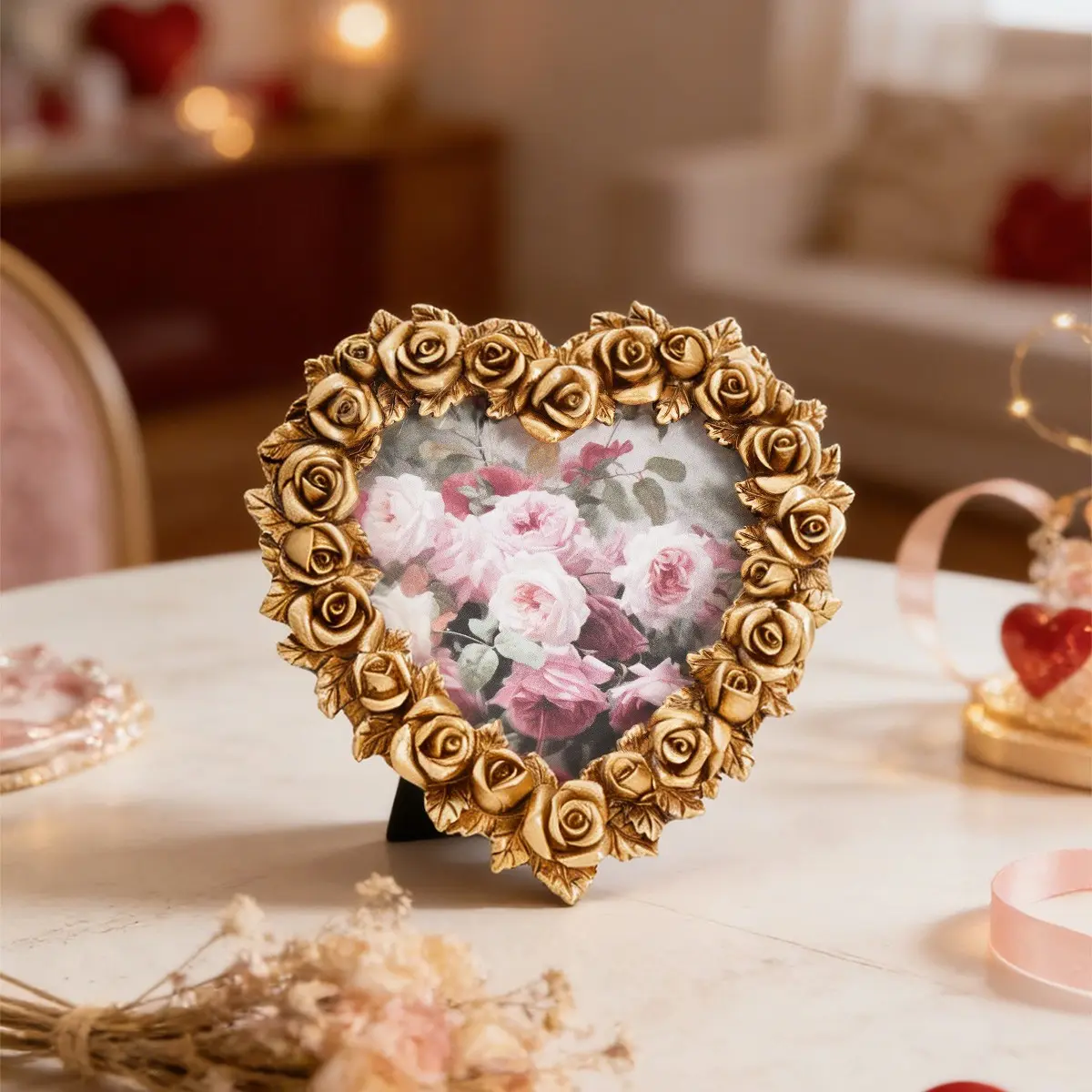 Resin Multi-Head Rose Heart Photo Frame, Valentine's Day Decor, Wedding Decoration, Home Photo Display, Photography Prop, Picture Frame