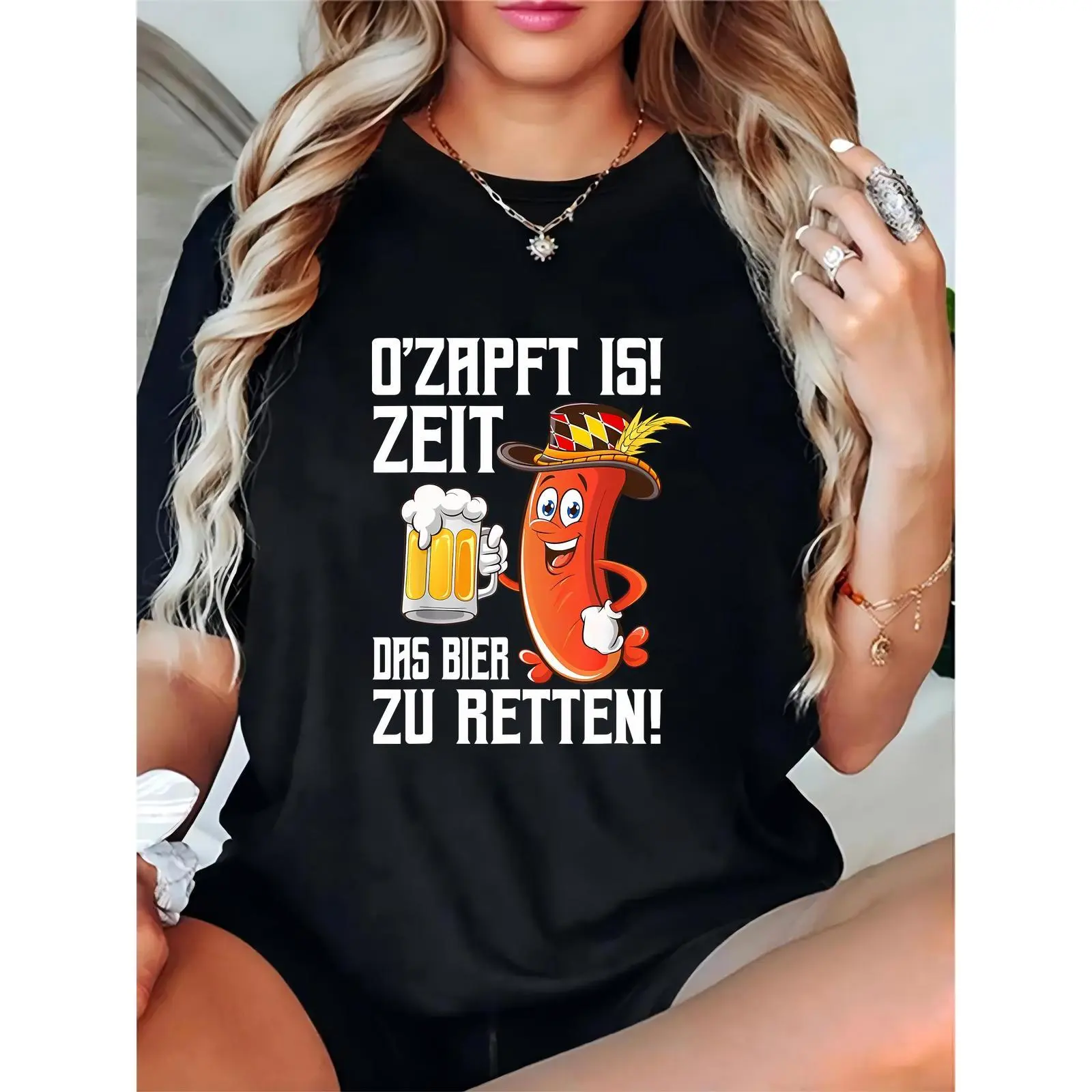 Women's 'O'Zapft Is!' Oktoberfest Graphic T-Shirt, Casual Short Sleeve Round Neck Top in 100% Cotton, Lightweight and Breathable, Tshirt, Comfortable, Skirts, Relaxed Fit, Crew Neck, Loose-Fitting, Machine Washable, Shortsleeve, Graphic Print