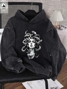 Men's Casual Hooded Sweatshirt, Pullover, Greek Medusa Print, Dark Retro Style, Aesthetic, Long Sleeve, Long, Cotton Fabric, Loose Fit, Streetwear, Art Exhibition