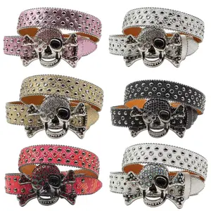 Original python-patterned leather belt with diamond-studded skull buckle, punk-style outfit with rivets, retro glitter beads, men's or women's denim belt, accessory for fashionable hip-hop leather belt decoration.