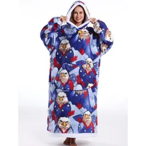 Women's Thick Long Bathrobe, Casual Loose-Fit Winter Robe with Pockets, Unique Head Eagle Animal Print, Fall & Winter Wear