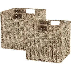 Vagusicc Wicker Storage Basket, Set of 2 Seagrass Storage Baskets, Foldable Wicker Basket 13 Inch Square Cube Storage Bins Storage Baskets for Organizing Shelf Baskets, 13''x13''x13''