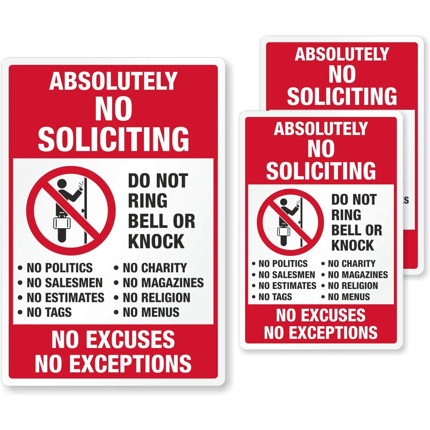 No Soliciting Adhesive Vinyl Decal Stickers Kit, 8"x12" Vinyl Decal Sticker - No Excuses, No Exceptions, Do Not Ring Bell or Knock - Pack of 1, Made in USA Home Decor Sign