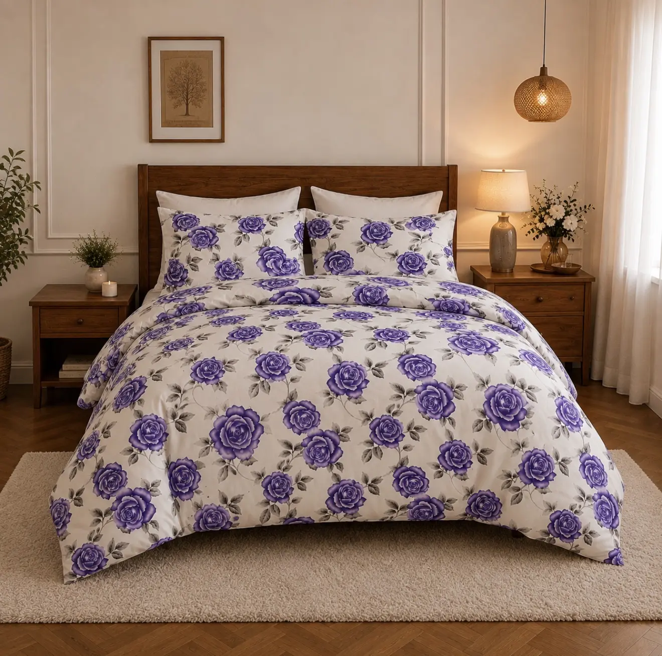 King Size Floral Microfiber Sheet Set – Purple & White with Pillowcases