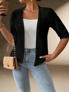 Women's Medium Sleeve Solid Color Basic Cardigan, Lightweight Breathable Slim Fit Outerwear, Versatile Commuter Top, Casual Fashion Style Jacket
