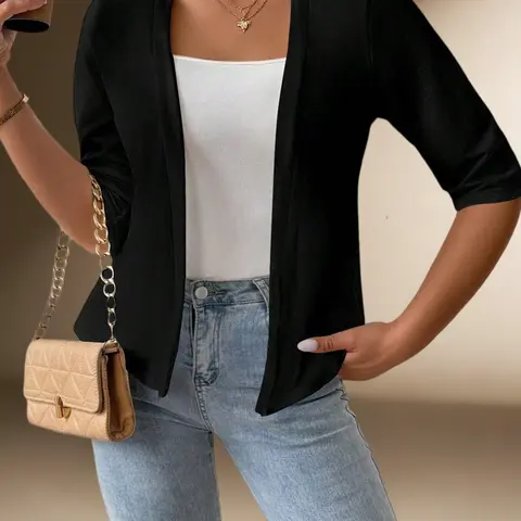Women's Medium Sleeve Solid Color Basic Cardigan, Fitted Cardigan, Casual Elegant Knitwear, Womenswear Lightweight Breathable Knitted Slim Fit Outerwear, Versatile Commuter Top, Casual Fashion Style Jacket, Breathable Knit Clothing