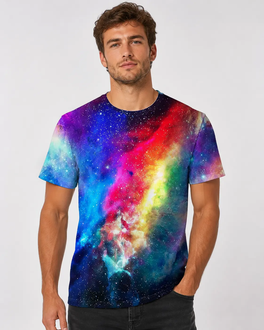 Men’s Rainbow Galaxy 3D Print T-Shirt, Cosmic Nebula Graphic Short Sleeve Tee, All-Over Print Casual Crew Neck Summer Shirt