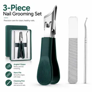 Eagle Beak Beveled Nail Clippers, 3Pcs Wide Jaw Anti-Splash Slanted Edge Tools with Long Handle for Thick Nails & Seniors Ingrown Care (Green)