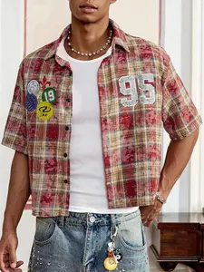 Vintage 90s Cropped Plaid Flannel Shirt, Men's Oversized Short Sleeve Button Down Top with Number 95 & Badge Patches, Retro Washed Streetwear Blouse for Hip Hop OOTD & Gen Z Casual Style