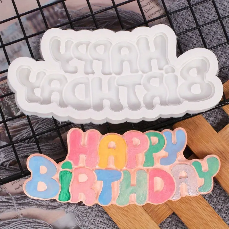 1pc Happy Birthday Silicone Mold, 3D Fondant Mold For DIY Pudding Chocolate Candy Desserts Gummy Handmade Soap Aromatherapy Candle Plaster Polymer Clay Ice Cube, Bakeware, Cake Decorating Supplies, Baking Supplies, Kitchen Items, Candy Molds Silicone